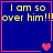 Blue background with yellow text reading "I am so over him!!!" and red border, featuring pixelated heart symbols in different configurations across four