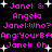 Pixelated text in bright pink on black background with white starbursts, showing repeated dialogue between 'Janel' and 'Angela' with partial text.
