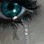 A blue eye with a black pupil and white highlights, surrounded by dark eyelashes on a gray background.