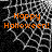 Animated Halloween-themed icon with orange text over a black and white spiderweb background, showing subtle web movement.