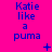 A bright pink background displays repeated blue text "Katie like a puma" with animated symbols appearing and disappearing between observations.