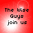 Red background with pixelated text "The Wise Guys join us" in black, four identical arranged in a