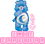 Blue Care Bear with white spiral chest symbol stands against gray background, pink text and block letters below.