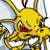 Static pixelated yellow dragon-like creature with red eyes and black accents, featuring multiple limbs and a rounded head against a light background.
