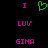 Pixelated text and symbols on black background: pink 'I' above green heart, pink 'LUV' below, pink 'GINA' at bottom.