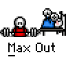 Animated contact sheet of a pixel art buddy icon showing two characters lifting weights with repeated text "Max Out" below each frame.