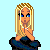 Pixelated character with blonde braided hair and blue eyes, hands clasped in front of chest on light blue background.
