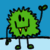 Pixelated green character with spiky outline, smiling face, yellow tie, and dark limbs holding a heart-shaped object against blue background.