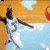 A basketball player in a white uniform with the number 5 dribbles a red basketball on a court with orange and light blue sections.