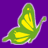 Green butterfly with yellow wing patterns on purple background, pixelated edges and soft white outline.