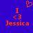 Blue background with orange pixelated text and symbols: 'I <3 Jessica' on both sides, a heart symbol above, and a small orange pixelated shape to the left of the heart.