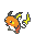Pixel art animation of a small orange Pokémon-like creature with yellow cheeks and lightning-shaped ears, shown in two frames with tail movement.