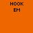 Orange background with black text "HOOK EM" in two lines, featuring a circular light gradient effect that appears and disappears across frames.