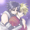 Two anime-style characters embrace against a purple background with light effects.