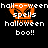 Pixelated orange skull with black eyes and mouth, surrounded by white text reading 'hall-o-ween spells halloween boo!!' on a black background.