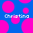 Blue background with scattered pink circles and two instances of the text 'Christina' in white pixelated font.