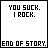 Two side-by-side pixelated text frames with identical layout and content except for red highlighting on the word "ROCK" in the right frame, both ending with "END OF STORY."