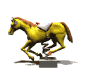 Animated yellow horse with brown mane and tail, white saddle pad, running on gray base