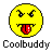 Static pixel art icon of a yellow smiley face with angry eyes and tongue sticking out, labeled "Coolbuddy" below in block letters on gray background.