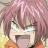 Pixelated anime-style character with pink hair, closed eyes, and a wide open mouth, wearing a white top with green accents against a soft pink and yellow background.