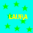 Cyan background with scattered green stars and four instances of yellow text reading LAURA in pixelated font.