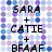 Static pixel art image with text 'SARA + CATIE + BEA' over a pastel-colored grid background.
