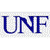 Blue capital letters U, N, F rendered in a pixelated serif font on a light gray checkered background.