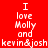 Four identical pixelated text in red, purple, blue, and dark purple backgrounds with white text reading "I love Molly and kevin&josh"