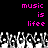 Pixelated text 'music is life' in bright pink on black background with grayscale audio waveform below.