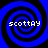 Four identical blue and black spiral patterns arranged in a , each containing the text "scottay" in white pixelated font