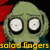 Pixelated green alien head with large white eyes and black pupils, red background on left side, yellow text "solaed fingers" at bottom.