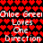 Pixelated text reads "Chloe Green Loves One Direction" over a black background with repeating red heart patterns.