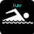 Pixelated swimmer icon with cyan text labels above and below, showing water waves and a circular head on black background.
