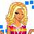 Pixel art contact sheet showing four frames of a female character with blonde hair wearing a striped crop top and white skirt, surrounded by blue/pink square pixels on white background.