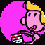 Animated sequence of a cartoon character holding a clapperboard with red and white stripes, transitioning from close-up to full view against pink background.