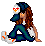 Pixel art icon of a cartoon woman with long brown hair wearing a blue jacket, white shirt, green pants, and sneakers, holding a small bird-like creature with red eyes and orange beak.