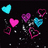Pixelated heart shapes float against a black background with scattered white dots, while bright pink text displays names and symbols on the right.