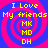 Four identical pixelated display yellow text on a blue and pink spiral background with 'MK', 'MD', 'DH' below