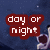 Pixelated text in red rounded rectangles on a dark blue background with faint white speckles, showing animated changes between 'day or night' and 'dark or light'.