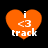 Four orange heart-shaped icons with white text 'i <3 track' displayed on a black background, arranged in a
