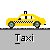 Yellow taxi with black-and-white checkered pattern on side, gray wheels, and driver silhouette; text below reads 'Taxi' or 'Yo Taxi!' in pixelated font.