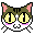 Pixel art cat head with green tabby fur, yellow eyes, pink cheeks, and white muzzle in six distinct expressions on gray background.