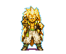 Pixel art character with spiky golden hair in multiple poses, wearing white pants and green boots, with a white silhouette and exclamation mark icon.