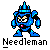 Pixelated blue robot with crown-like headpiece, black facial features, and red mouth detail stands against gray background beneath 'Needleman' text.