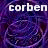 Two identical animated frames of a buddy icon featuring the text 'corben' over swirling purple and blue abstract patterns with pixelated edges.