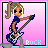 Pixel art animation of a female character playing electric guitar on pink background with "ROCK" text.