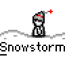 Animated contact sheet showing 18 frames of a pixel art snowstorm buddy icon with a stick figure character in various poses against falling snow and ground cover.