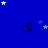 Blue background with scattered light blue and white stars, four of black '<3' symbols, and a gray rectangle in the bottom-right corner