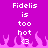 Pixelated text on a purple background with pink flames at the bottom, displaying 'Fidelis is too hot <3' in two identical vertical