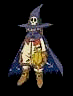 Animated character with skull face, purple wizard hat, blue cape, beige pants, brown boots, and yellow pouch against black background.
